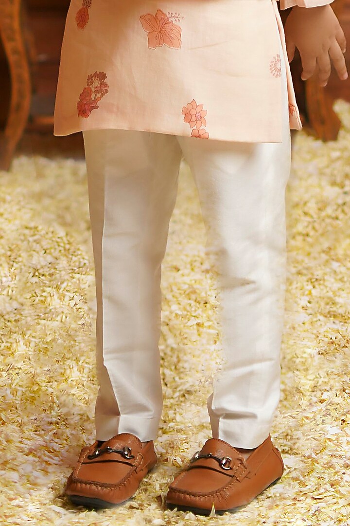 Peach Chanderi Mul Butta Printed Bundi Jacket Set For Boys by COCO at Pernia's Pop Up Shop