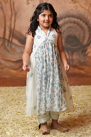 Blue Chanderi Mul Printed & Embroidered Tunic Set For Girls by COCO