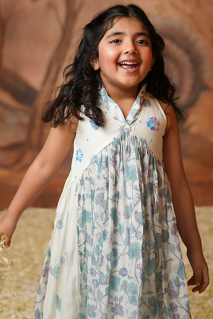 Blue Chanderi Mul Printed & Embroidered Tunic Set For Girls by COCO at Pernia's Pop Up Shop