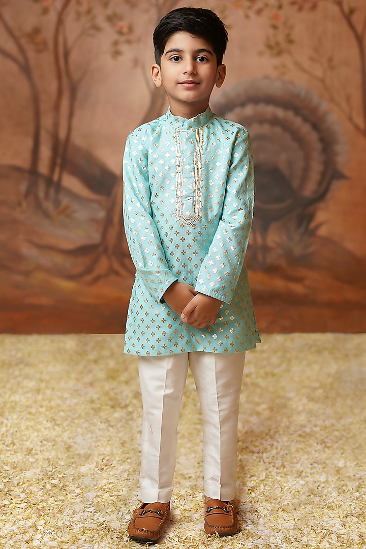 Blue Chanderi Brocade Kurta Set For Boys by COCO at Pernia's Pop Up Shop