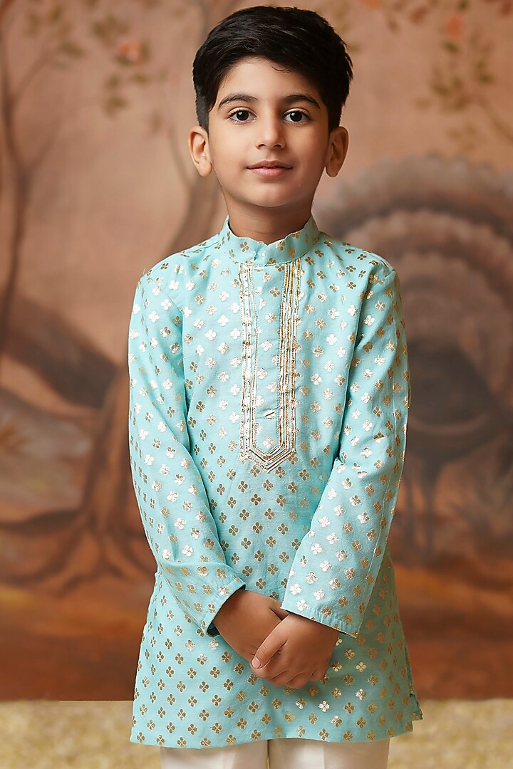 Blue Chanderi Brocade Kurta Set For Boys by COCO at Pernia's Pop Up Shop
