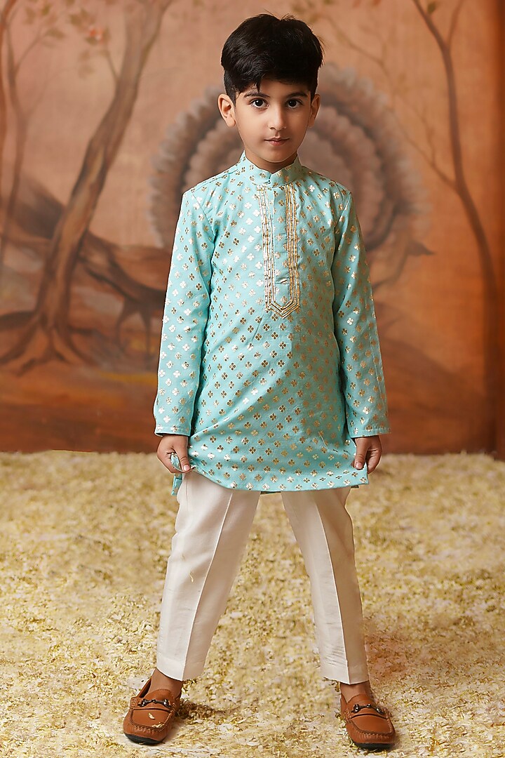 Blue Chanderi Brocade Kurta Set For Boys by COCO at Pernia's Pop Up Shop