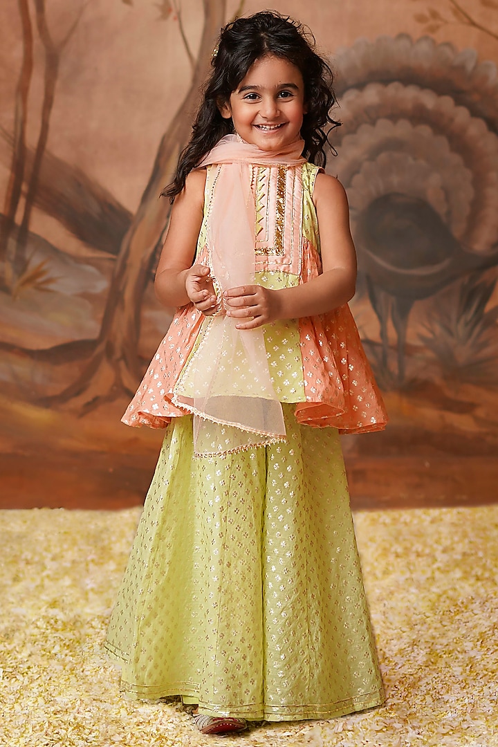 Lime Green Chanderi Brocade Kali Sharara Set For Girls by COCO at Pernia's Pop Up Shop