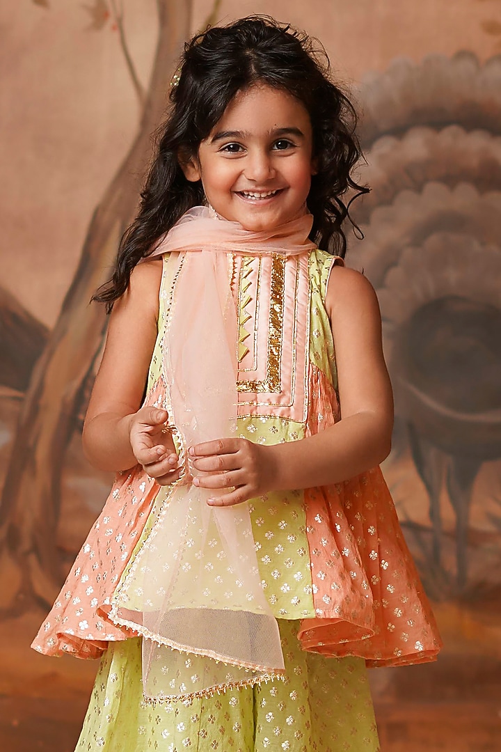 Lime Green Chanderi Brocade Kali Sharara Set For Girls by COCO at Pernia's Pop Up Shop