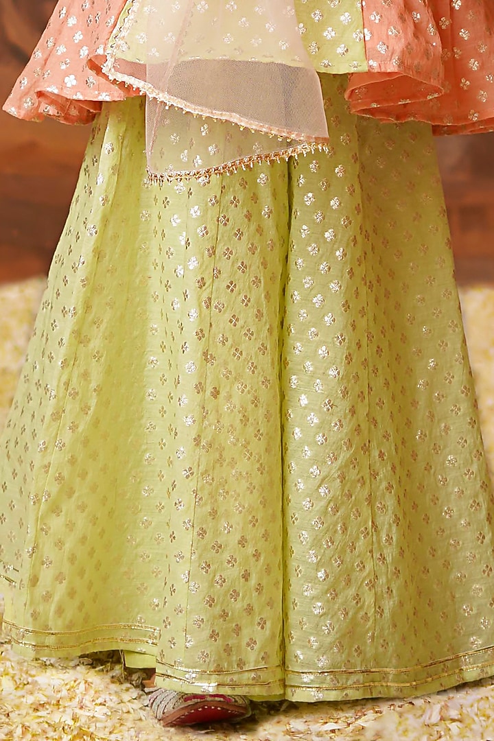 Lime Green Chanderi Brocade Kali Sharara Set For Girls by COCO at Pernia's Pop Up Shop