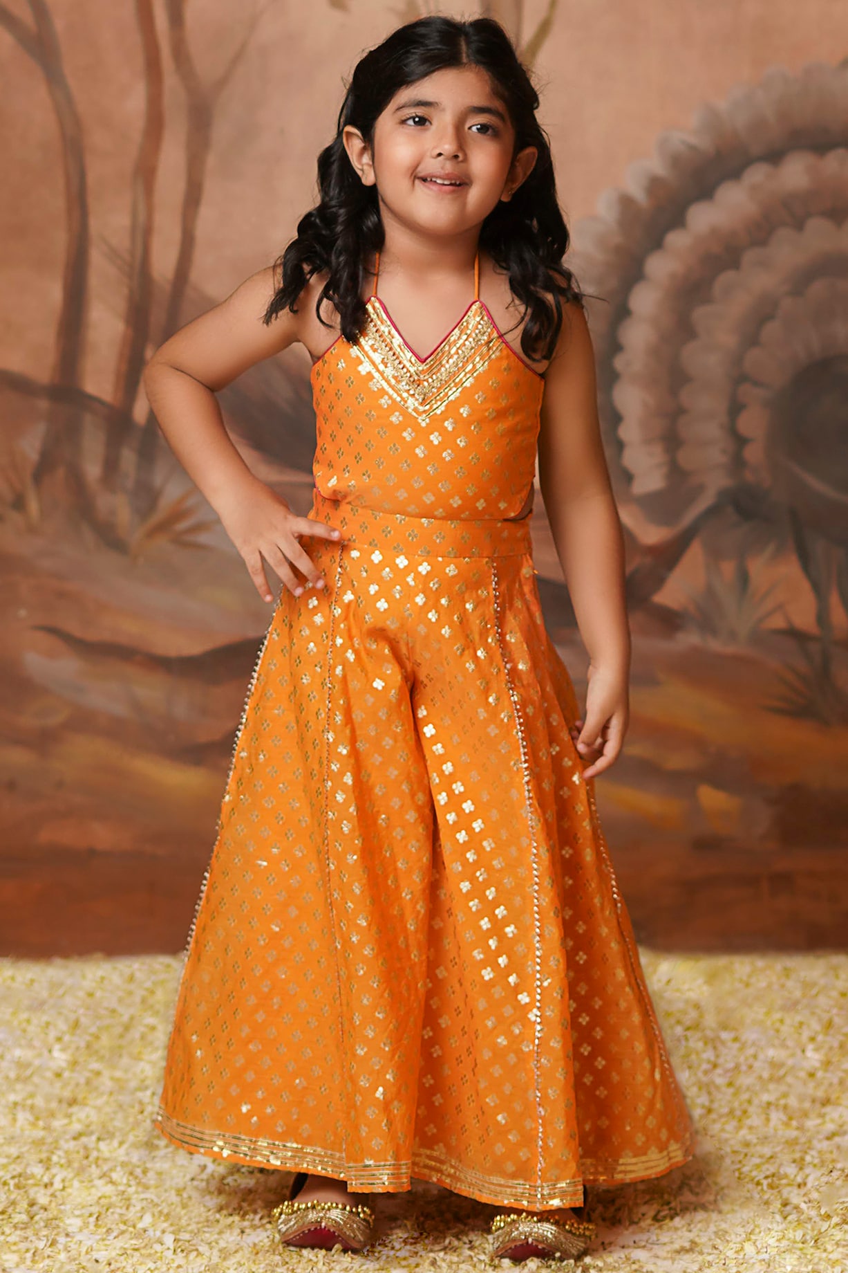 Tangerine Chanderi Brocade Jumpsuit For Girls by COCO at Pernia's