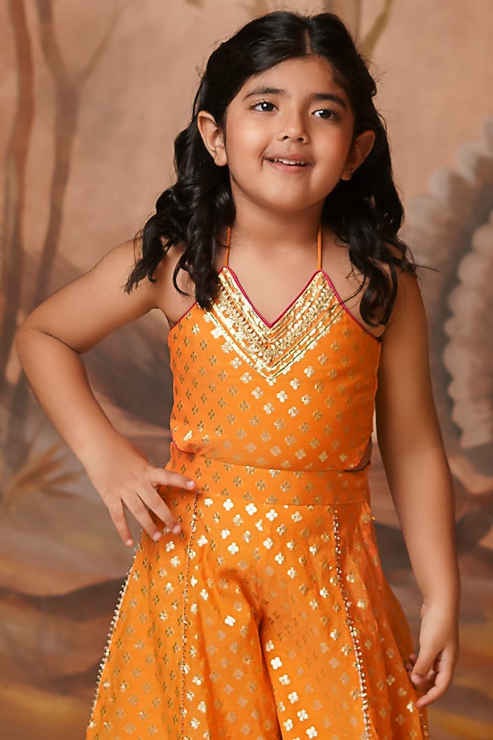 Tangerine Chanderi Brocade Jumpsuit For Girls by COCO at Pernia's