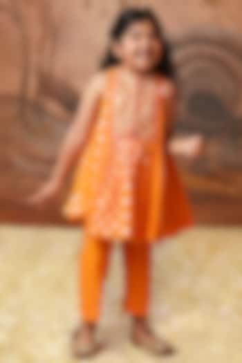 Tangerine Chanderi Brocade Embroidered Kurta Set For Girls by COCO at Pernia's Pop Up Shop