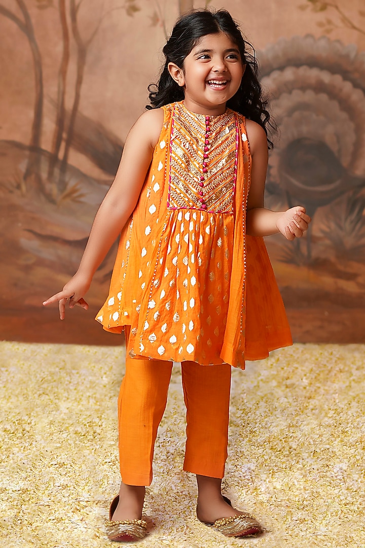 Tangerine Chanderi Brocade Embroidered Kurta Set For Girls by COCO at Pernia's Pop Up Shop