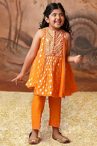 Tangerine Chanderi Brocade Embroidered Kurta Set For Girls by COCO
