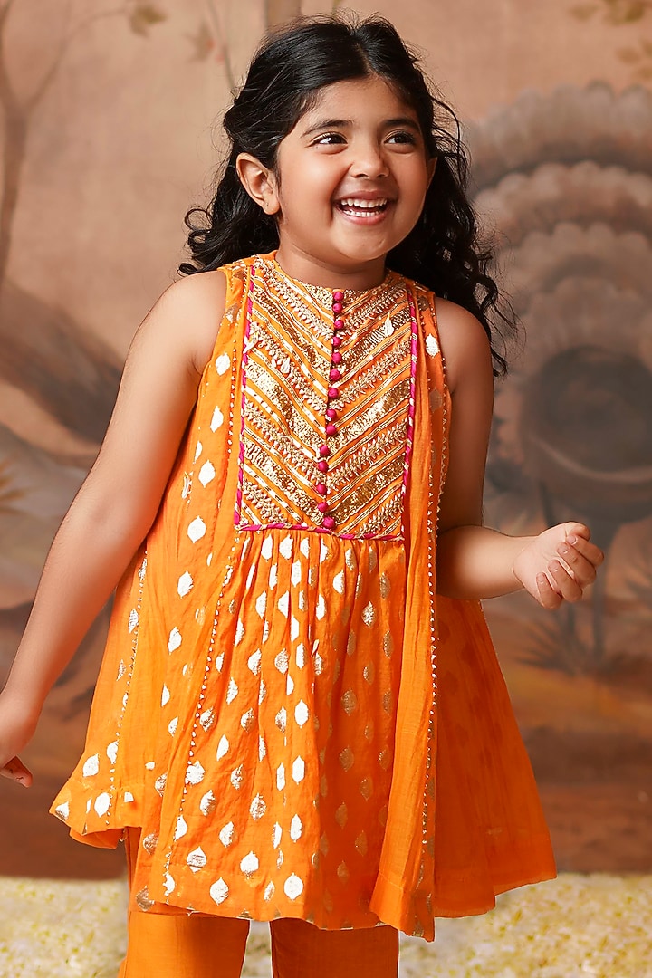 Tangerine Chanderi Brocade Embroidered Kurta Set For Girls by COCO at Pernia's Pop Up Shop
