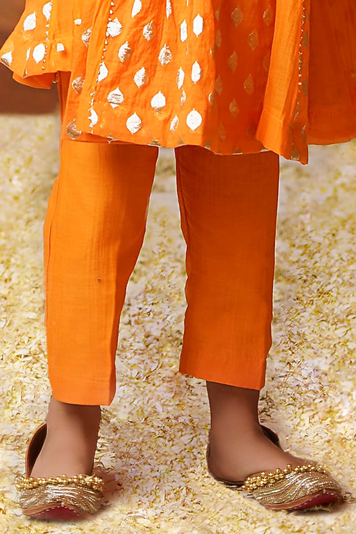 Tangerine Chanderi Brocade Embroidered Kurta Set For Girls by COCO at Pernia's Pop Up Shop