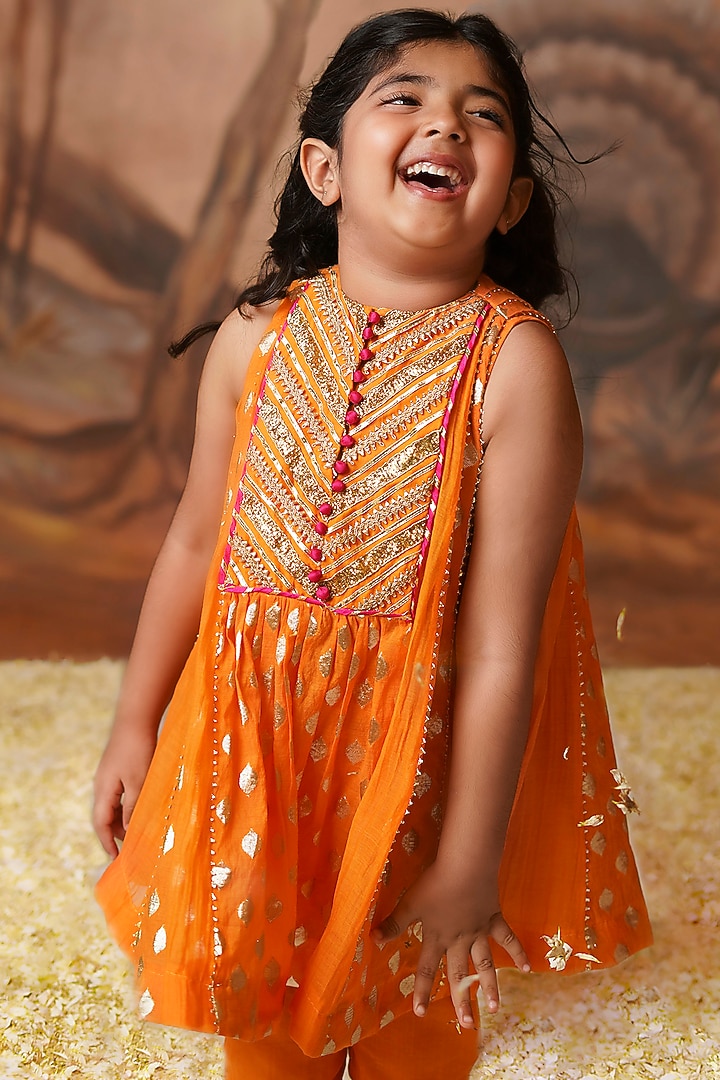 Tangerine Chanderi Brocade Embroidered Kurta Set For Girls by COCO at Pernia's Pop Up Shop