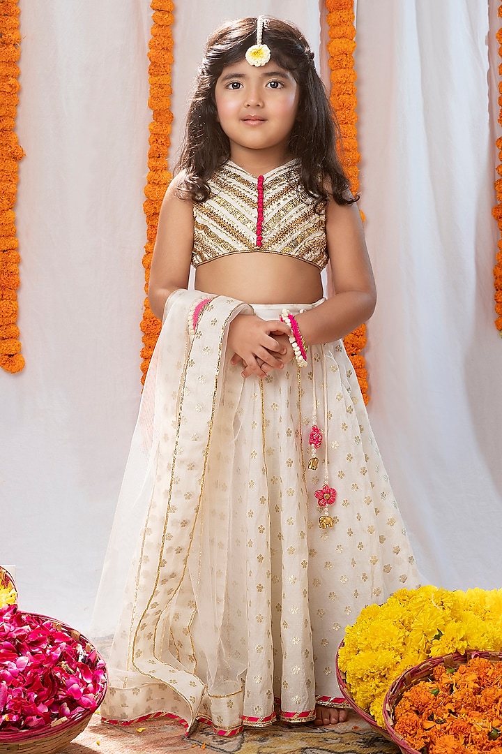 Ivory Chanderi Brocade Lehenga Set For Girls by COCO at Pernia's Pop Up Shop