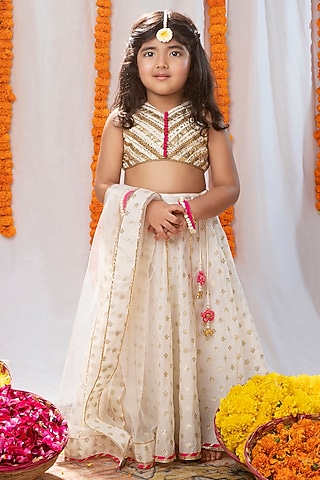 Ivory Chanderi Brocade Lehenga Set For Girls by COCO