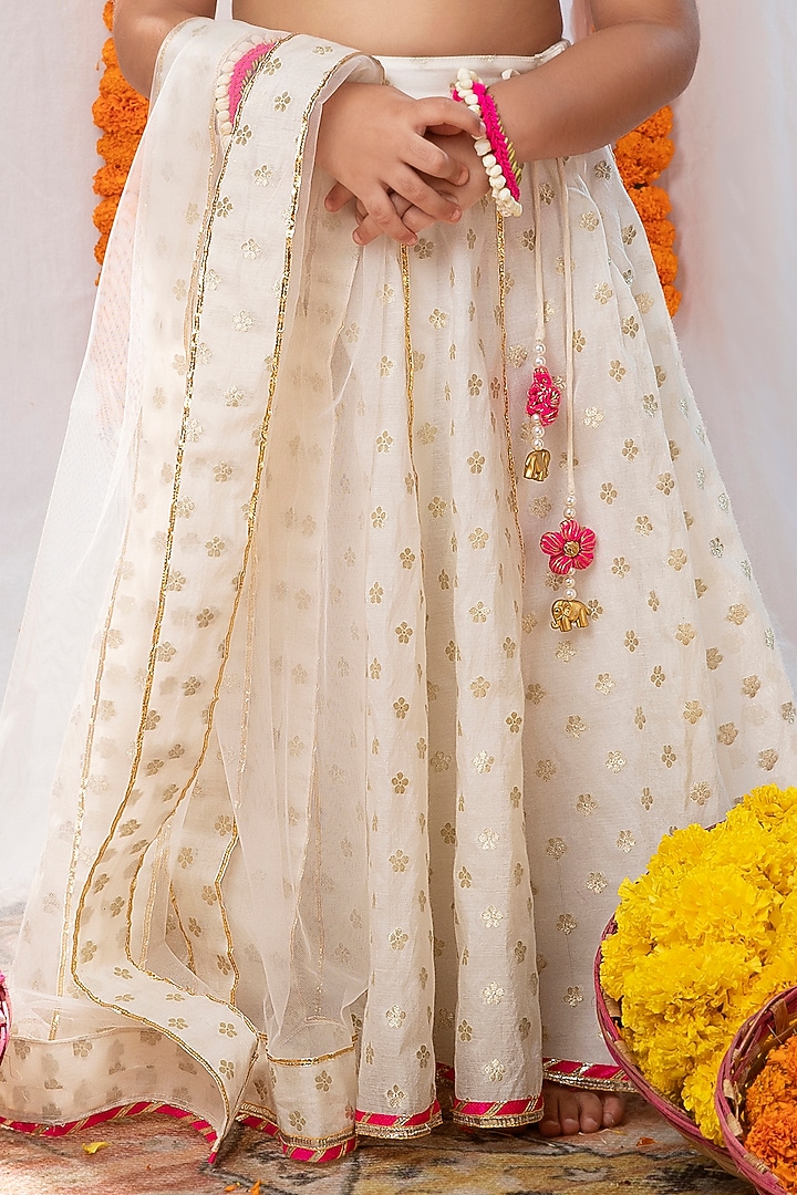Ivory Chanderi Brocade Lehenga Set For Girls by COCO at Pernia's Pop Up Shop
