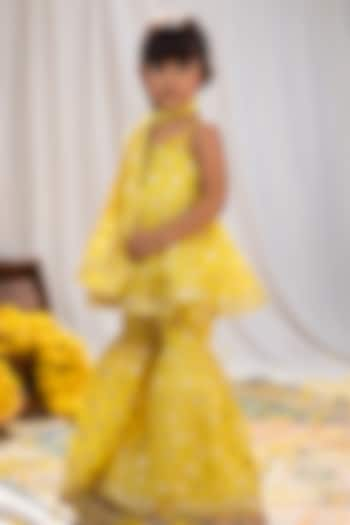 Yellow Chanderi Brocade Lotus Motif Sharara Set For Girls by COCO at Pernia's Pop Up Shop