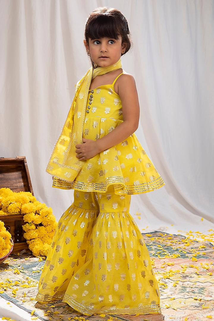 Yellow Chanderi Brocade Lotus Motif Sharara Set For Girls by COCO at Pernia's Pop Up Shop