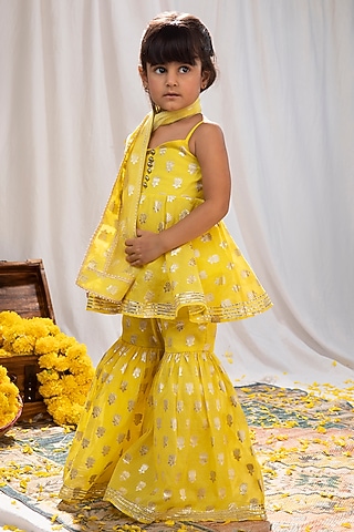 Yellow Chanderi Brocade Lotus Motif Sharara Set For Girls by COCO