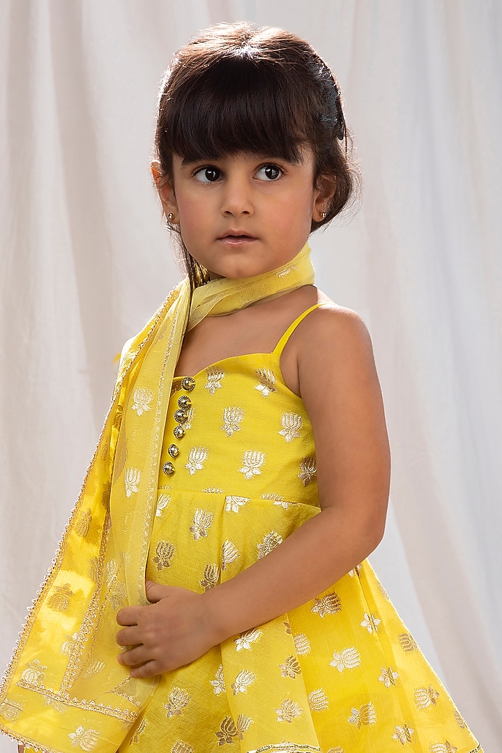Yellow Chanderi Brocade Lotus Motif Sharara Set For Girls by COCO at Pernia's Pop Up Shop