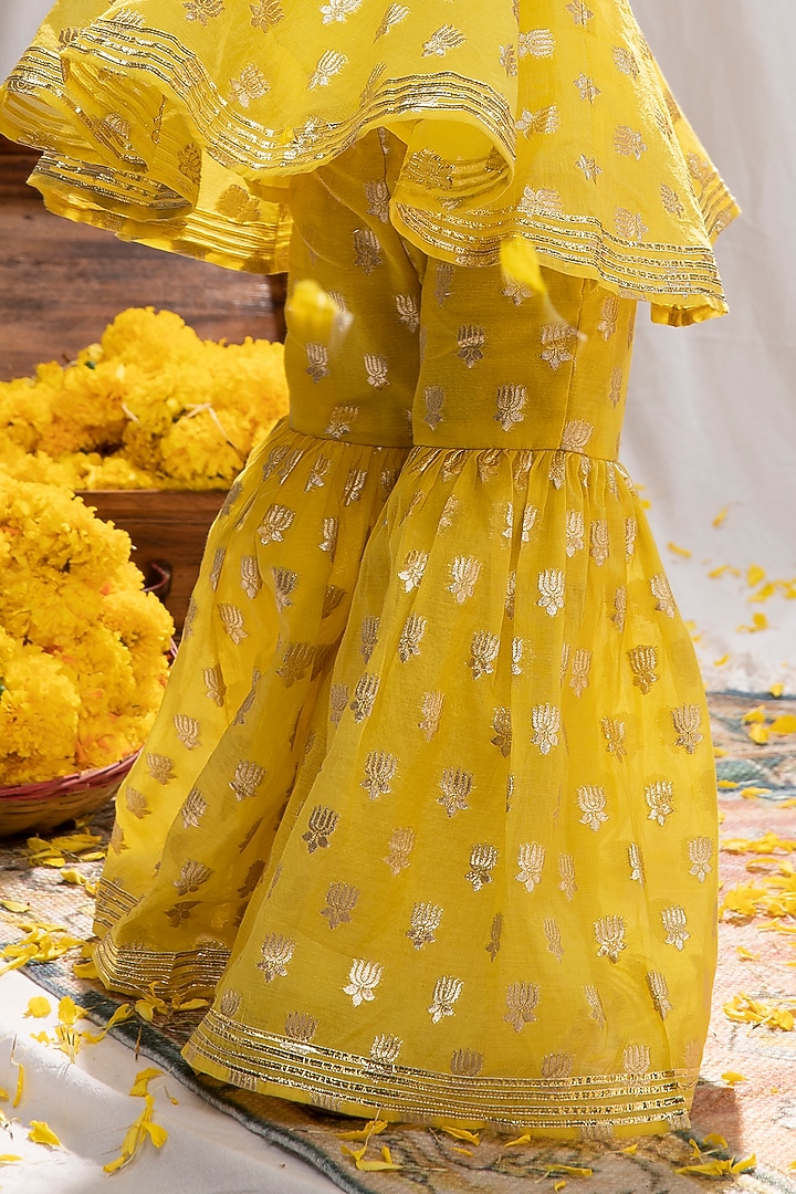 Yellow Chanderi Brocade Lotus Motif Sharara Set For Girls by COCO at Pernia's Pop Up Shop