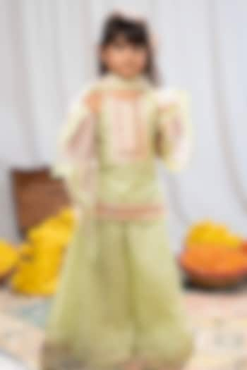 Pastel Lime & Peach Chanderi Brocade Sharara Set For Girls by COCO at Pernia's Pop Up Shop