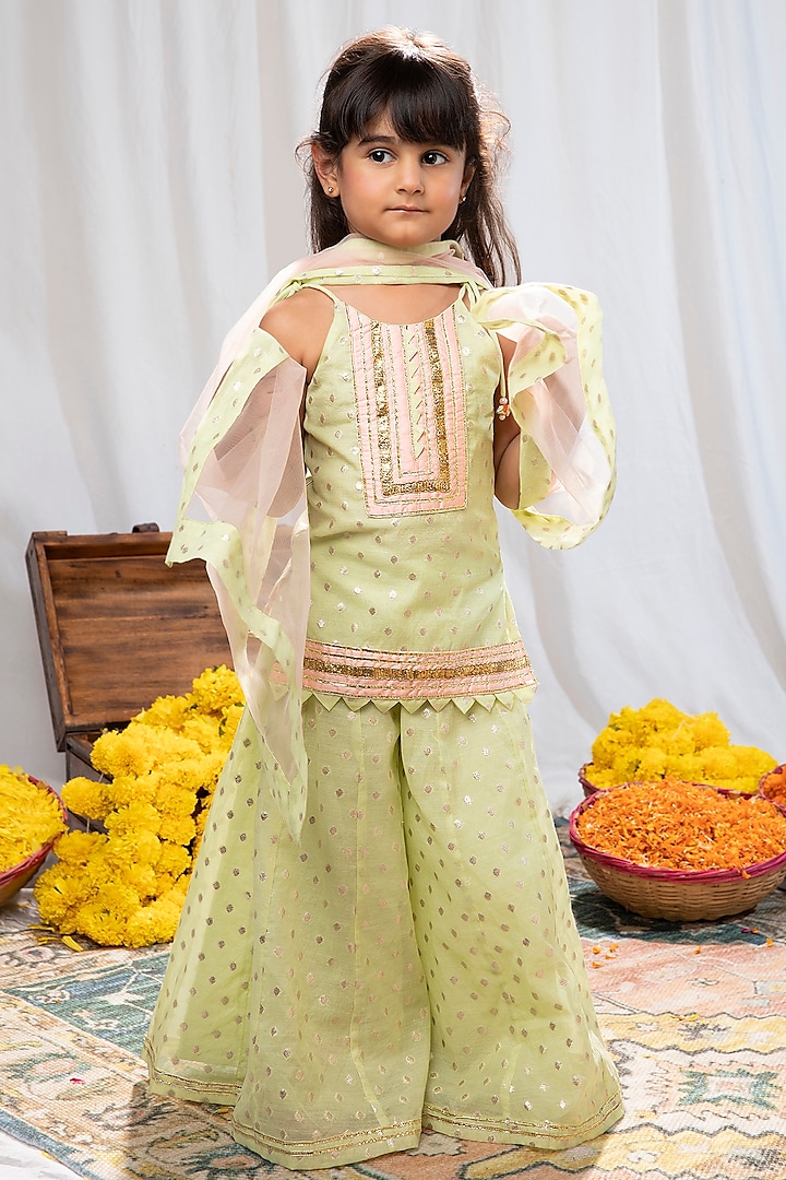 Pastel Lime & Peach Chanderi Brocade Sharara Set For Girls by COCO at Pernia's Pop Up Shop