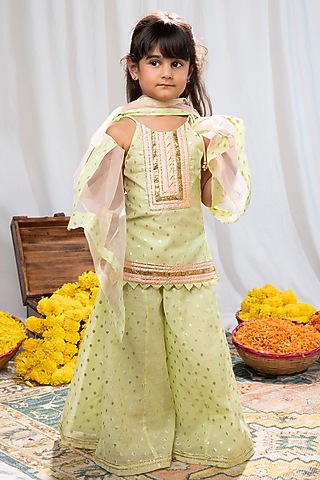Pastel Lime & Peach Chanderi Brocade Sharara Set For Girls by COCO
