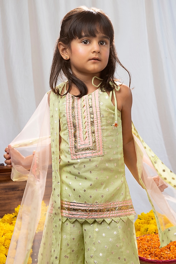 Pastel Lime & Peach Chanderi Brocade Sharara Set For Girls by COCO at Pernia's Pop Up Shop