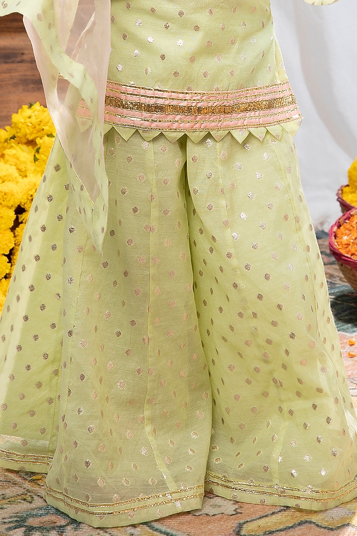 Pastel Lime & Peach Chanderi Brocade Sharara Set For Girls by COCO at Pernia's Pop Up Shop