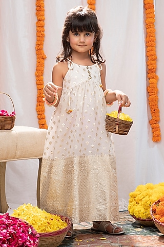 Ivory Chanderi Brocade Dress For Girls by COCO