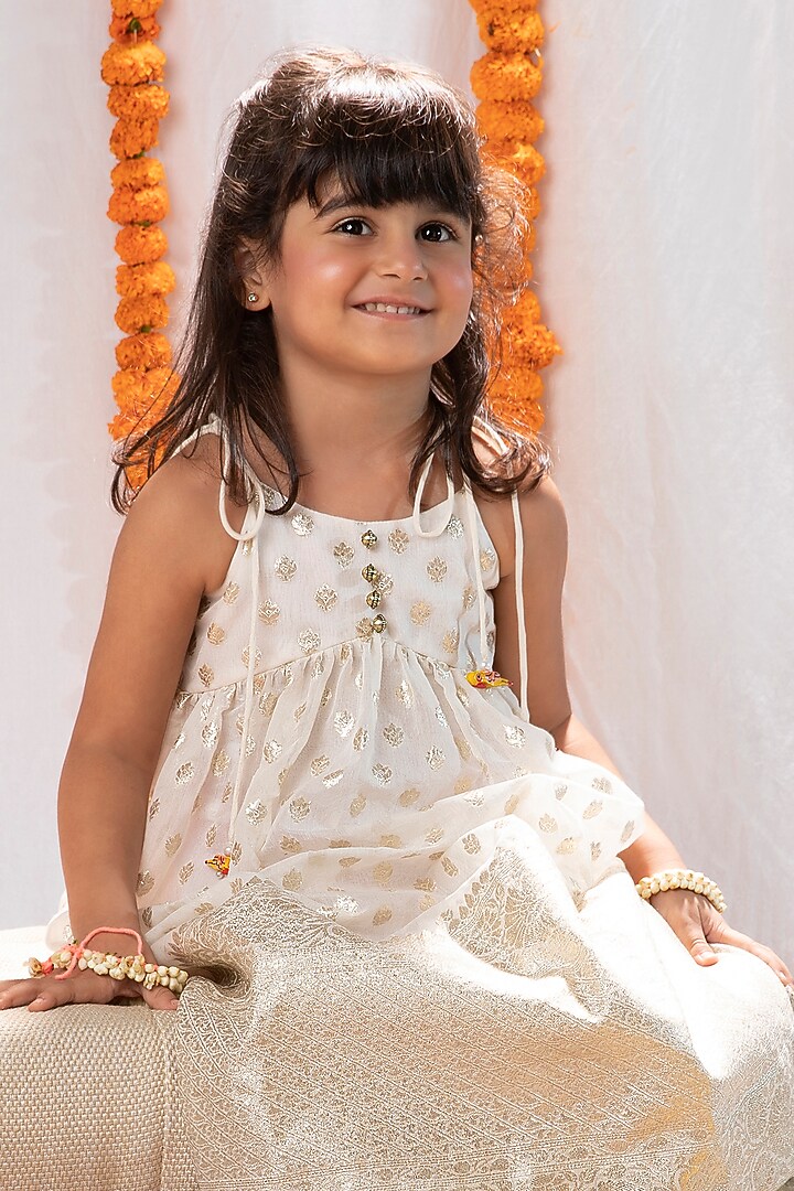 Ivory Chanderi Brocade Dress For Girls by COCO at Pernia's Pop Up Shop