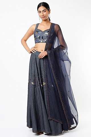 Blue Denim Hand Embroidered Lehenga Set by Cockpit Crush