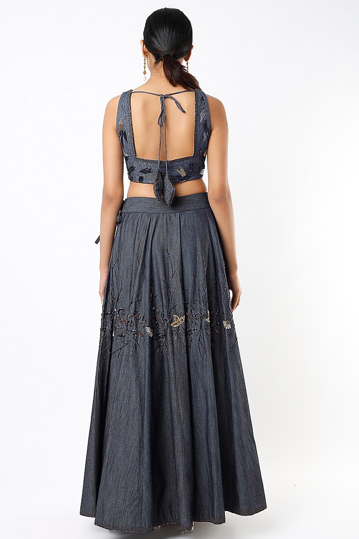 Blue Denim Hand Embroidered Wedding Lehenga Set by Cockpit Crush at Pernia's Pop Up Shop