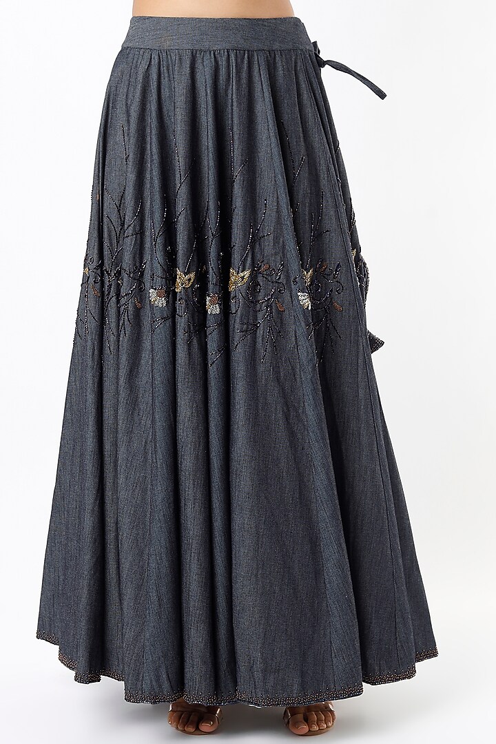Blue Denim Hand Embroidered Wedding Lehenga Set by Cockpit Crush at Pernia's Pop Up Shop