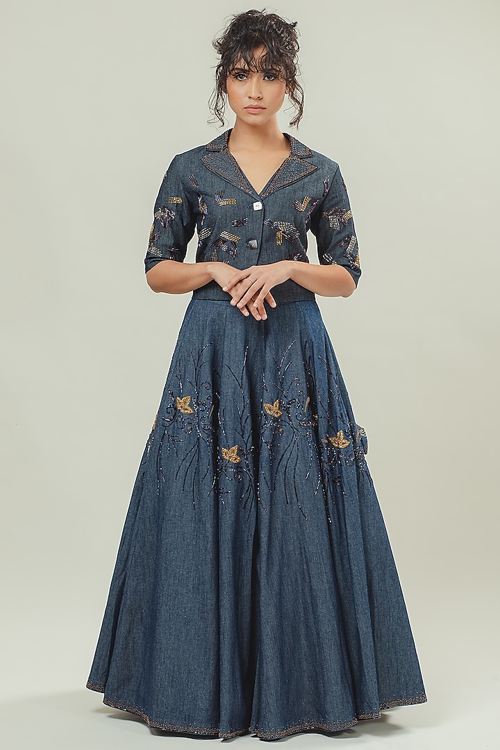 Blue Denim Hand Embroidered Lehenga Set by Cockpit Crush