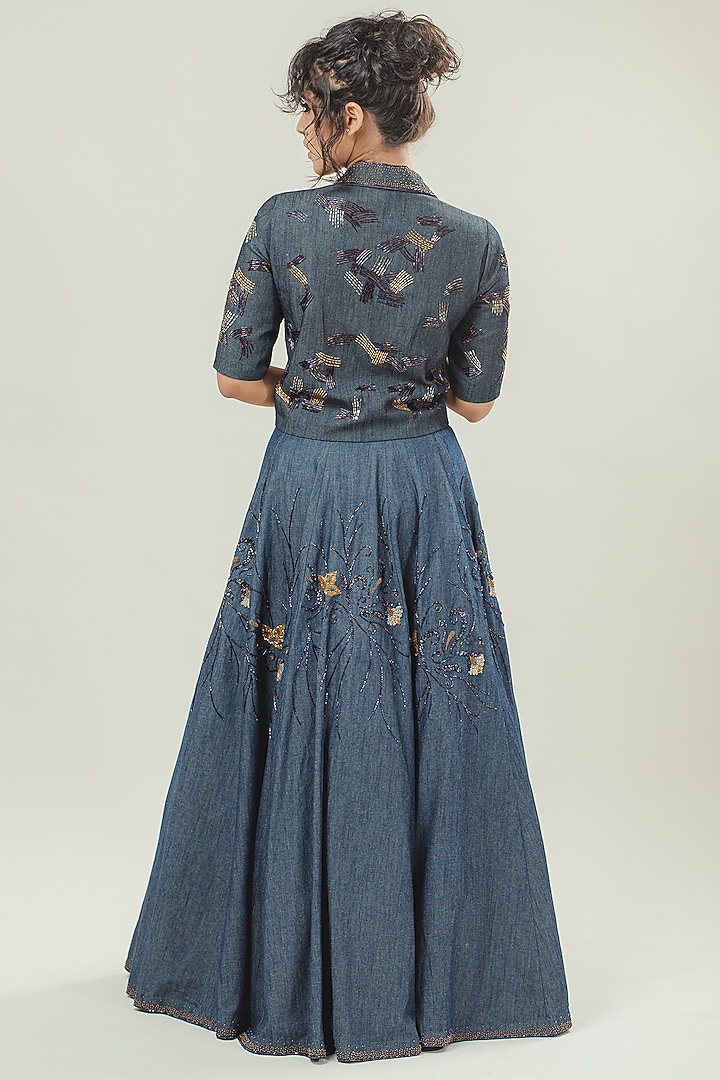 Blue Denim Hand Embroidered Wedding Lehenga Set by Cockpit Crush at Pernia's Pop Up Shop
