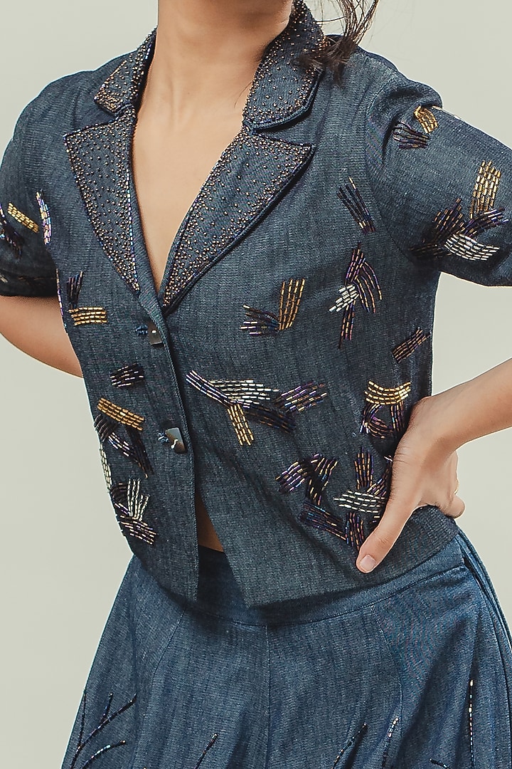 Blue Denim Hand Embroidered Wedding Lehenga Set by Cockpit Crush at Pernia's Pop Up Shop