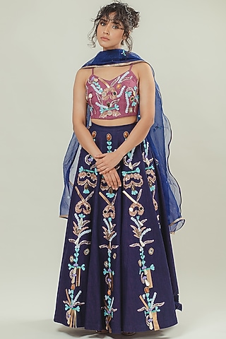 Blue Denim Embroidered Lehenga Set by Cockpit Crush