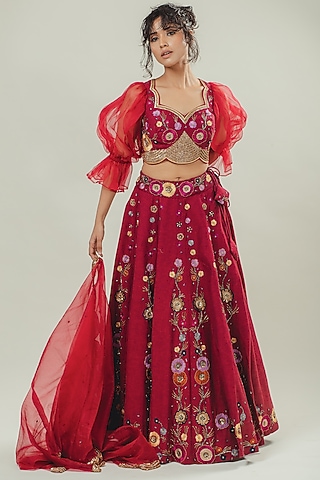 Red Denim Hand Embroidered Lehenga Set by Cockpit Crush