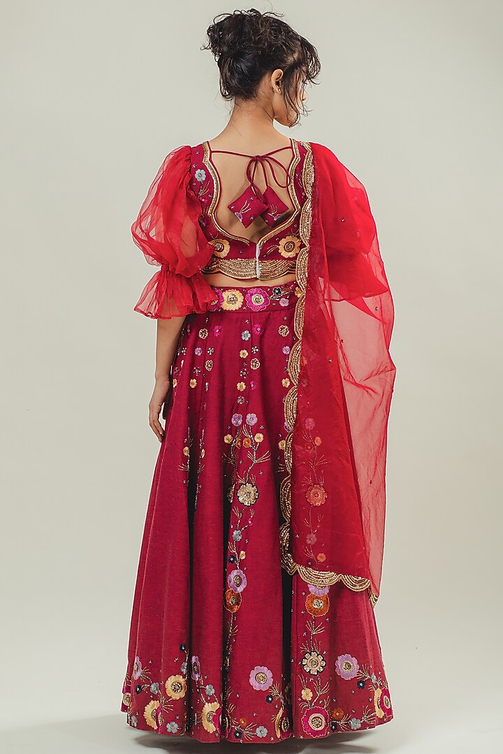 Red Denim Hand Embroidered Wedding Lehenga Set by Cockpit Crush at Pernia's Pop Up Shop