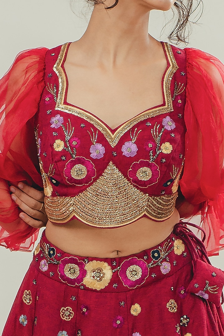 Red Denim Hand Embroidered Wedding Lehenga Set by Cockpit Crush at Pernia's Pop Up Shop