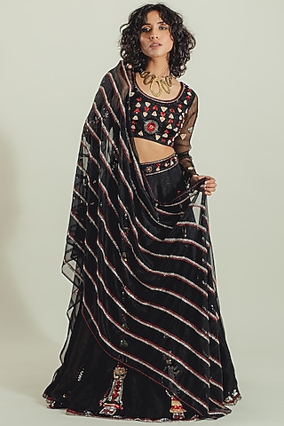 Black Organza Embroidered Lehenga Set by Cockpit Crush