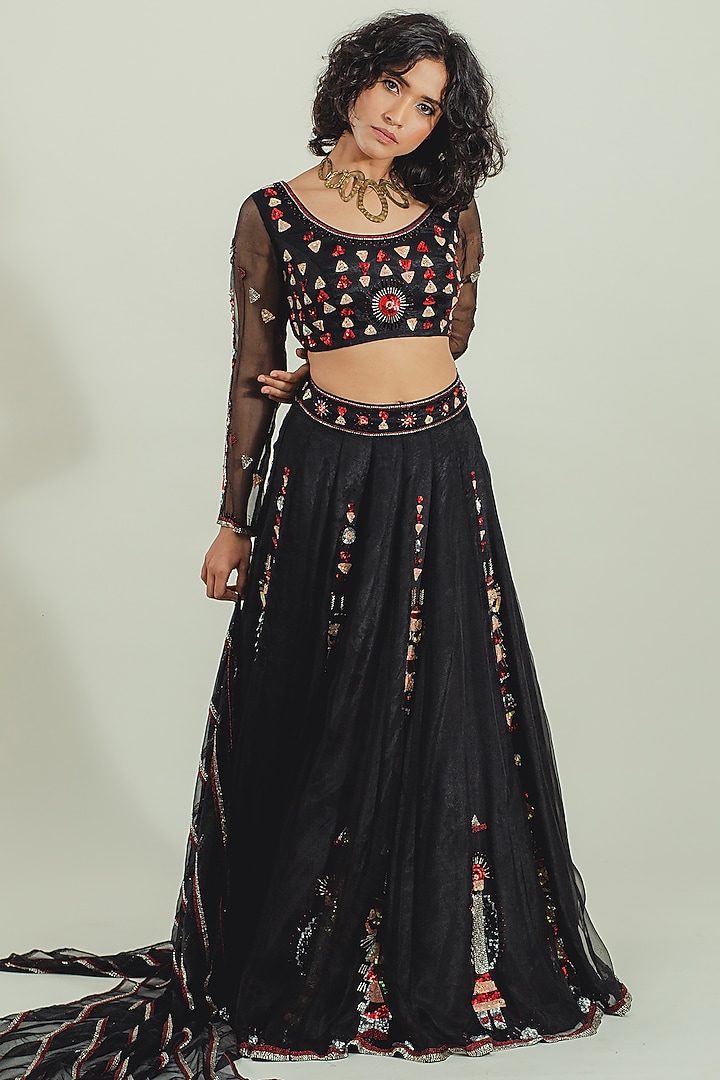 Black Organza Embroidered Wedding Lehenga Set by Cockpit Crush at Pernia's Pop Up Shop