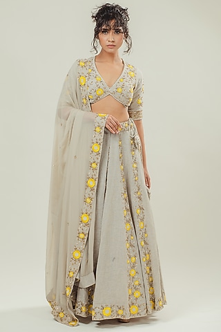 Grey Linen Embroidered Lehenga Set by Cockpit Crush