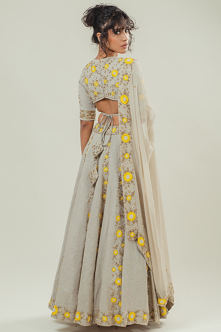 Grey Linen Embroidered Wedding Lehenga Set by Cockpit Crush at Pernia's Pop Up Shop