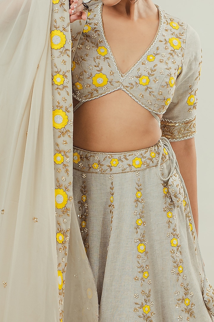 Grey Linen Embroidered Wedding Lehenga Set by Cockpit Crush at Pernia's Pop Up Shop
