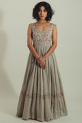 Grey Linen Embroidered Gown by Cockpit Crush