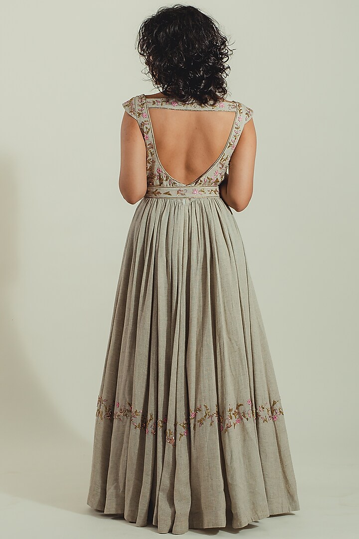 Grey Linen Embroidered Engagement Gown by Cockpit Crush at Pernia's Pop Up Shop