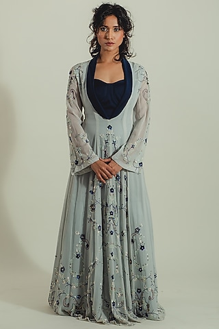 Blue Grey Embellished Gown by Cockpit Crush